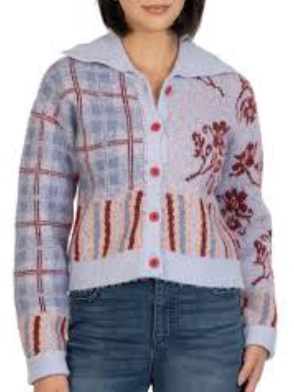 Kut from the Kloth Light Blue Knit Cardigan with Red Floral & Stripe Accents